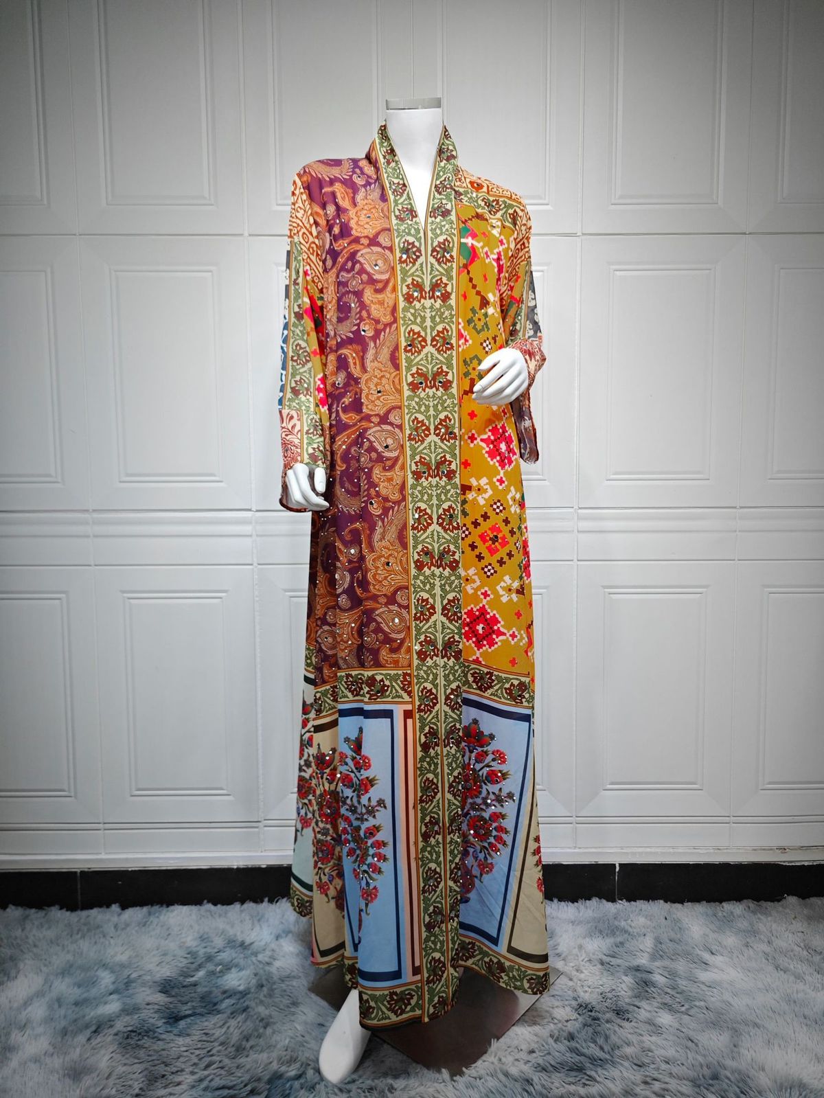 Women's Ethnic Print Kaftan Dress – Long Sleeve Loose Fit Maxi Dress With Embellished Beading (Polyester, S-Xxl, Multi-Color, Pullover Style)_ecoleips.com