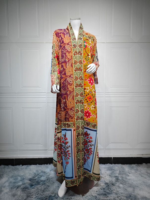 Women's Ethnic Print Kaftan Dress – Long Sleeve Loose Fit Maxi Dress With Embellished Beading (Polyester, S-Xxl, Multi-Color, Pullover Style)_ecoleips.com