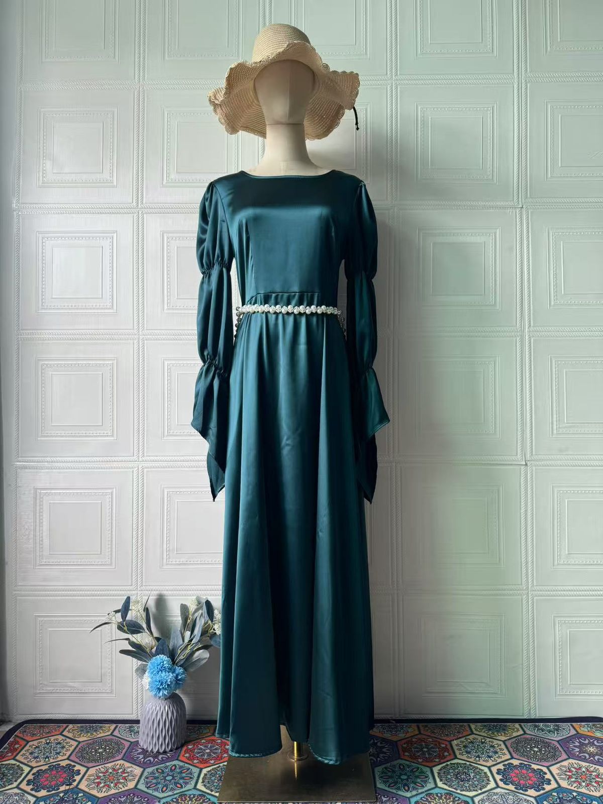 Elegant Long Sleeve A-Line Dress With Bubble Sleeves & U-Neck - Soft Polyester Blend Flowy Maxi Dress For Women, Comfortable Spring Outfit_ecoleips.com
