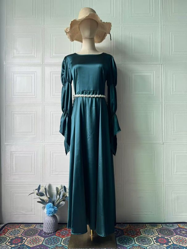 Elegant Long Sleeve A-Line Dress With Bubble Sleeves & U-Neck - Soft Polyester Blend Flowy Maxi Dress For Women, Comfortable Spring Outfit_ecoleips.com