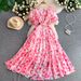 Women's French Style Floral Print Dress Elegant Romantic round Neck Lantern Sleeve Flowy Chiffon Maxi Summer Dress_ecoleips.com