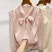 Women’s Clothing new temperament slim solid color V neck organza lace up single breasted long sleeved chiffon shirt for women_ecoleips.com
