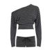 American Style Spicy Girl Striped Long Sleeve T-Shirt Women, Loose Casual Waist-Cinching Slimming Short Off-Shoulder Top_ecoleips.com