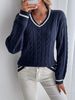 Oversized V-Neck Cable Knit Sweater - Textured Rayon Blend Pullover For Women (S-XL, Classic Blue)_ecoleips.com