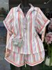 K Women's New Fashionable Lapel Striped Short Sleeved Shirt With Lace Up Wide Leg Shorts Set. No Glasses, Bags, Or Other Accessories_ecoleips.com
