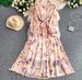 Women's French Style Romantic Floral Print Dress Round Neck Long Sleeved Summer Style Ruffled Waist Slimming Full Skirt_ecoleips.com