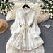 French Retro Notched Lapel Tie-Waist Lace Trim Dress For Women, Mint Green A-Line Office Casual Dress_ecoleips.com