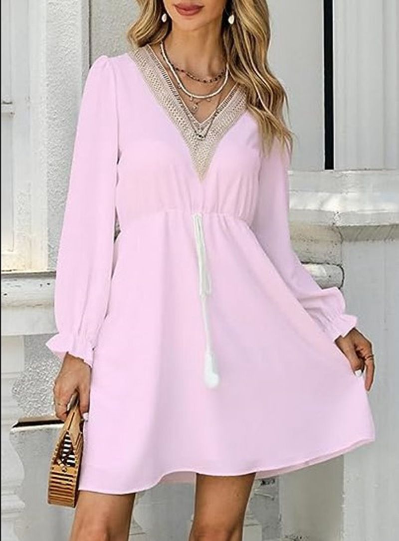 Women's Long Sleeved V Neck Fitted Dress Solid Color Lace Trimmed Casual Autumn/Winter Fashion_ecoleips.com