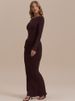 JULISSA MO Elegant Round Neck High Slit Ruched Women Maxi Dress Coffee Long Sleeve High Waist Autumn Skinny Party Evening Dress_ecoleips.com