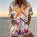 Women's Vacation Style Short Sleeve Shirt And Shorts Set, Tropical Print Collared Button Down Top With Matching Bottoms, Summer Casual Outfit_ecoleips.com