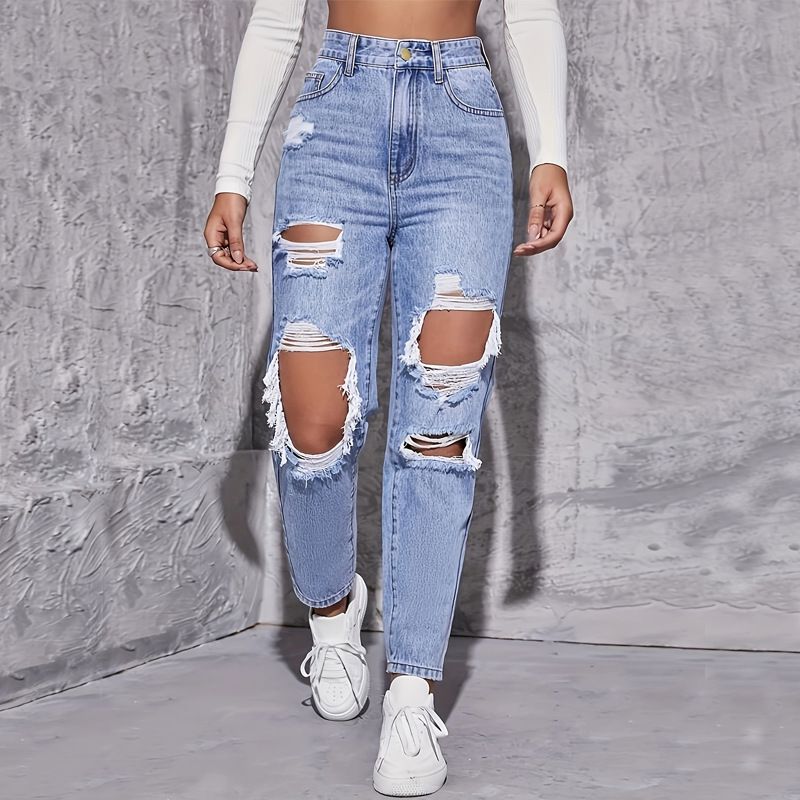 Women's Clothing Trendy Washed Ripped High Waist Straight Trousers_ecoleips.com