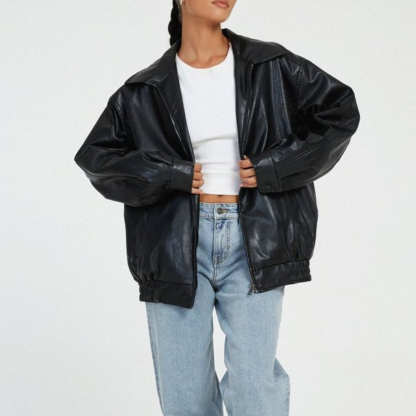 K Leather Jacket Motorcycle Style Top Silhouette, Lapel, Elastic Hem, Zipper, PU Leather Jacket Jacket_ecoleips.com
