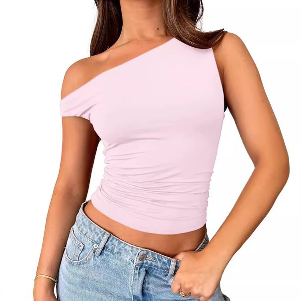 Summer Hot Girl Suspenders Oblique Shoulder Vest Female Outer Wear Slim Pleated Vest American Style Sleeveless Top Female_ecoleips.com
