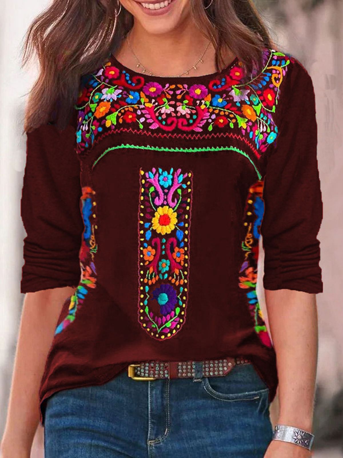 2024 Independent Station Spring/Summer New Women's Top With Bohemian Print V-neck Long Sleeved T-shirt For Women_ecoleips.com
