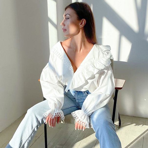 Women's Clothing Shirt Sexy Deep V Neck Wood Ear Edge Long Sleeve Temperament Fashion Splicing Lace Shirt_ecoleips.com