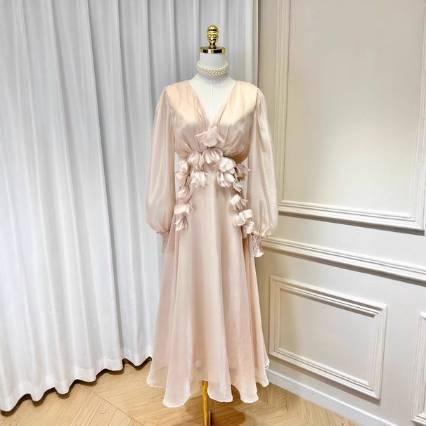 Women's Clothing Champagne Color Autumn New Lantern Sleeves V Neck Backless Lace Up Three Dimensional Flower Waist Length Design Temperament Dress_ecoleips.com