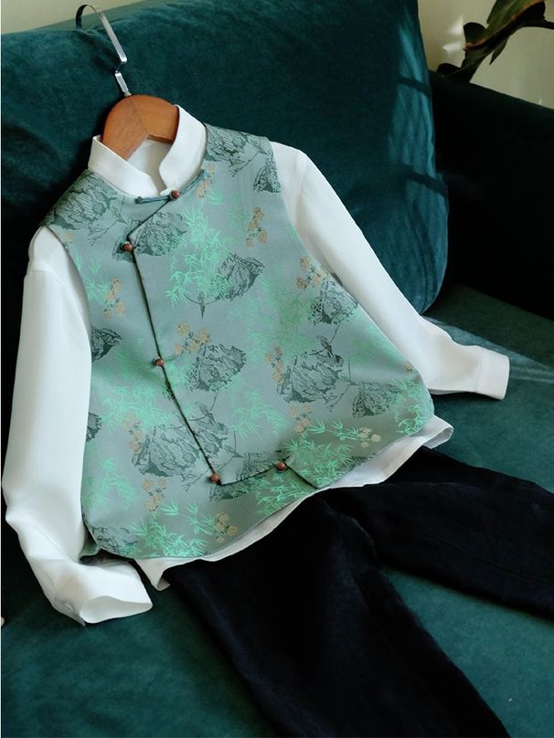 Aria Basics New Chinese-style Tang Suit Green Printed Vest Jacket For Women, Spring-summer Style, With Traditional Chinese Knot_ecoleips.com