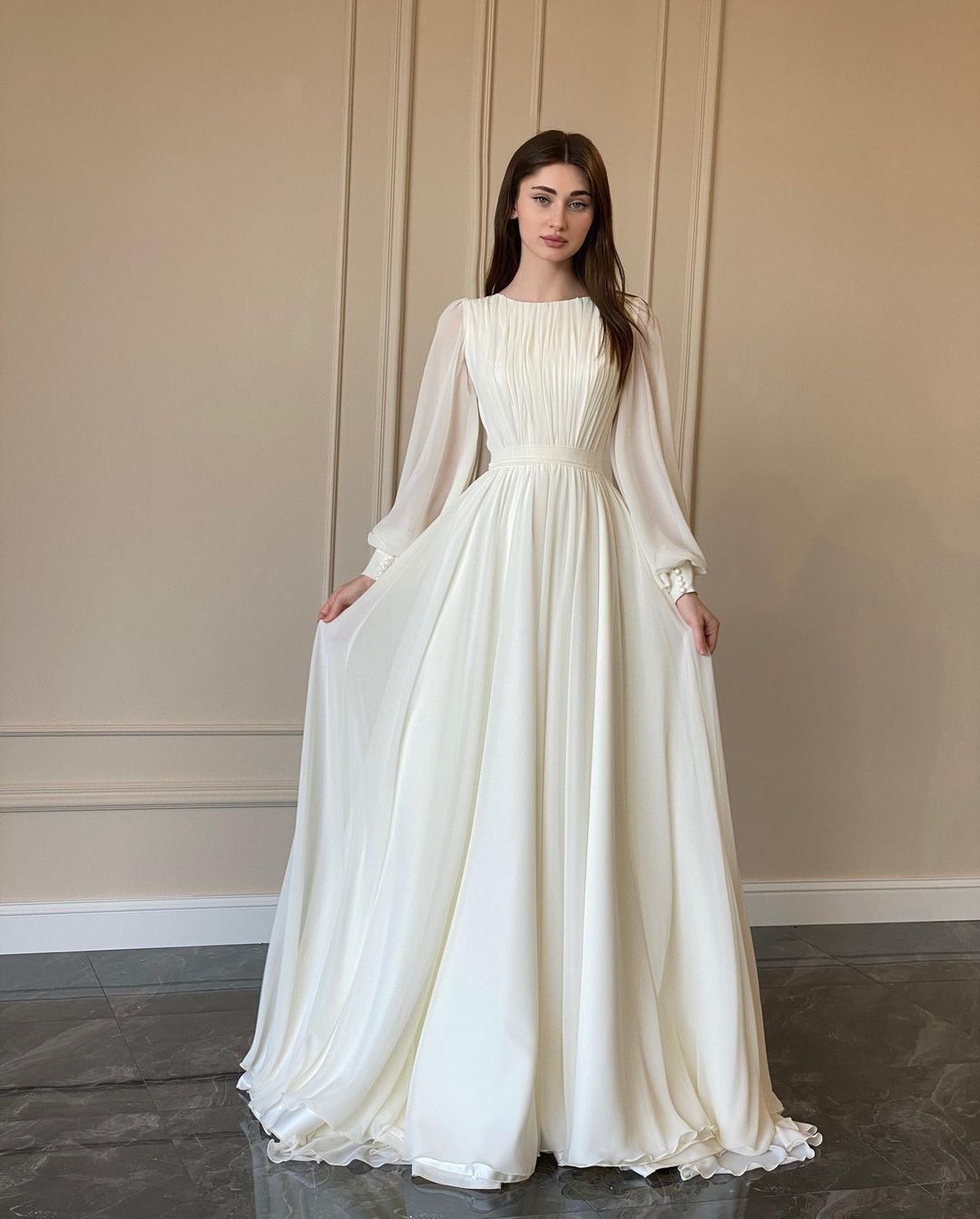 New Arrival Lantern Sleeve Pearlescent Yarn White Wedding Dress Round Neck Long Sleeve Formal Evening Party Dress_ecoleips.com