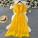 Women's Elegant Drape Dress with Shawl Sleeves And Tie Waist European American Style French Design Pleated Chiffon Long Skirt_ecoleips.com
