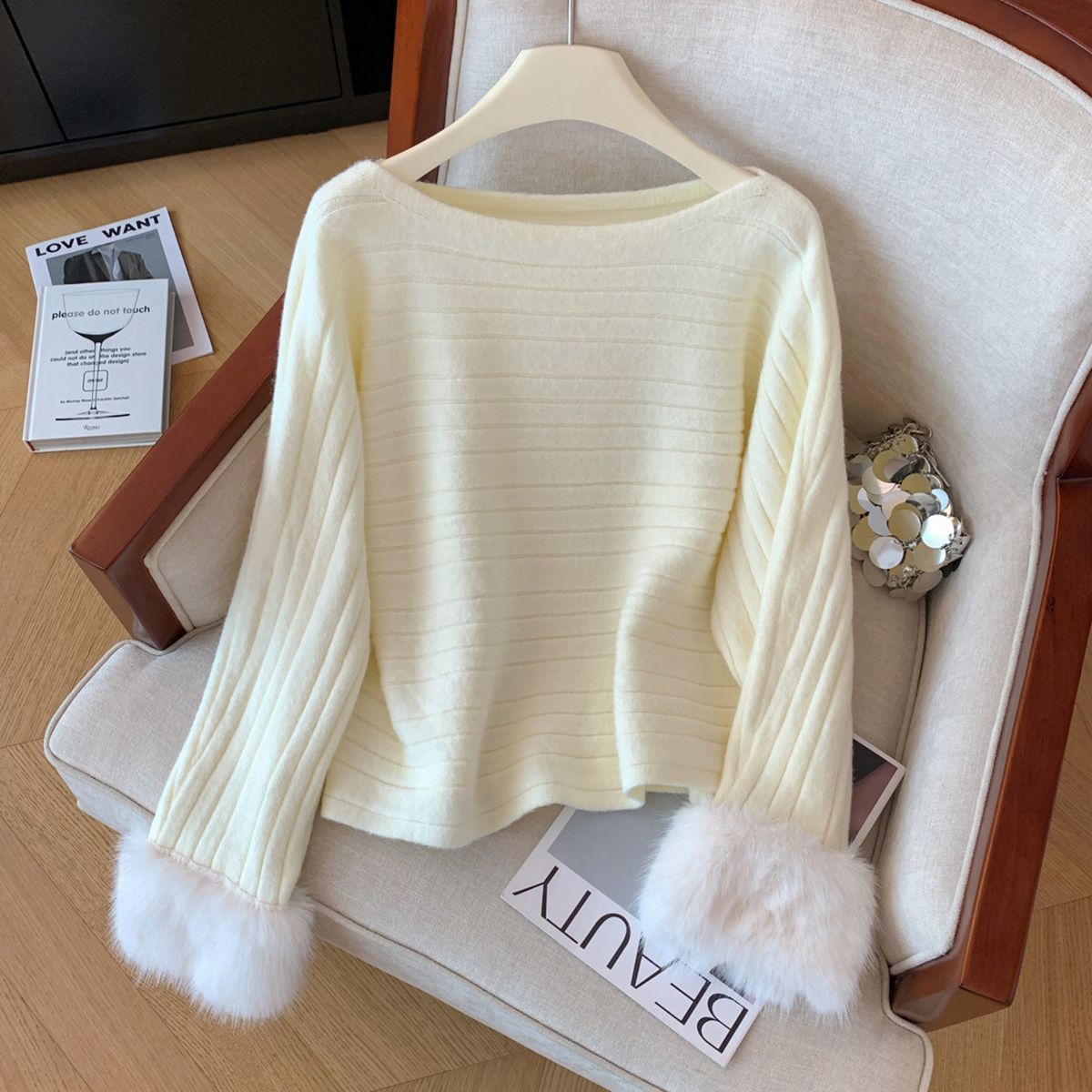 Women's Long Sleeve Knit Sweater With Fur Lined Sleeves Autumn/Winter Fashionable Casual Preppy Style Pullover For Office And Outerwear_ecoleips.com