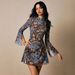 Elegant Floral Print A-Line Dress – Double-Layer Round Neck Chiffon Dress With Slit & Bell Sleeves (Floral/Pink, True To Size)_ecoleips.com