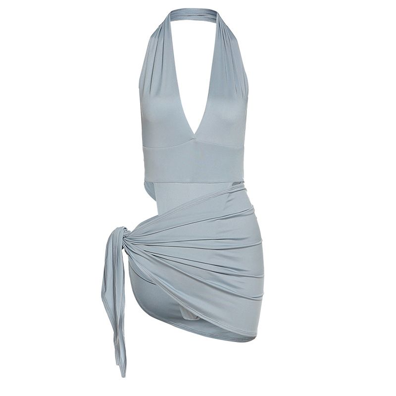 Women's Clothing Sexy V Neck Backless Jumpsuit Fashion Hip Hugging Short Skirt Suit For Women_ecoleips.com