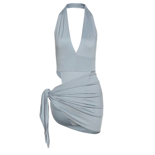 Women's Clothing Sexy V Neck Backless Jumpsuit Fashion Hip Hugging Short Skirt Suit For Women_ecoleips.com