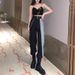women's clothing black plaid chain jeans for women spring design high waist slim straight wide leg pants_ecoleips.com