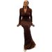 Elegant V-Neck Bodycon Dress For Women - Long Sleeve Pleated Slim Fit Dress, Solid Color Streetwear, European & American Style_ecoleips.com