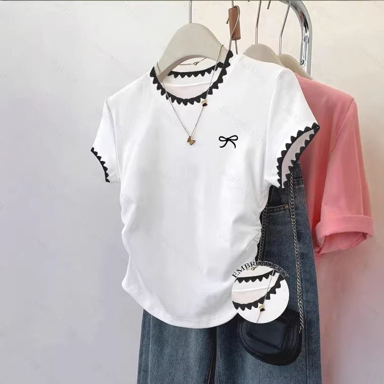 White Embroidered Short Sleeve T-Shirt Slim Fit Sexy Top for Women Summer Style_ecoleips.com