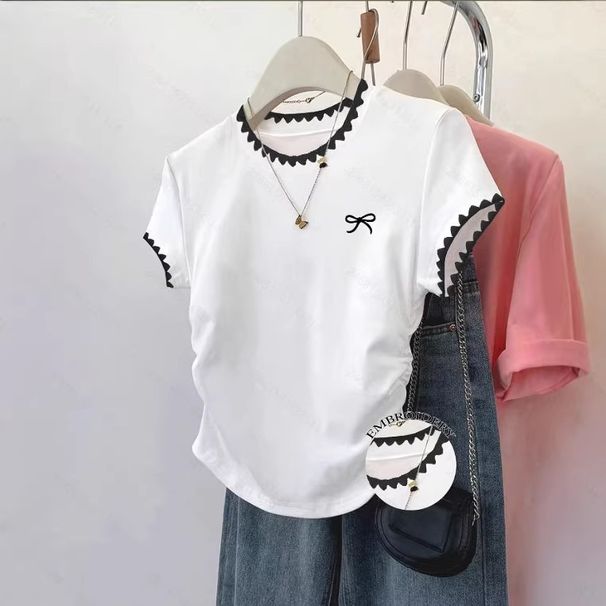 White Embroidered Short Sleeve T-Shirt Slim Fit Sexy Top for Women Summer Style_ecoleips.com