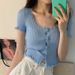 Short Sleeve T-shirts Women Slim Solid Lace O-neck Single Breasted Trendy Chic Sweet Lovely Ulzzang Simple Streetwear Knitted_ecoleips.com