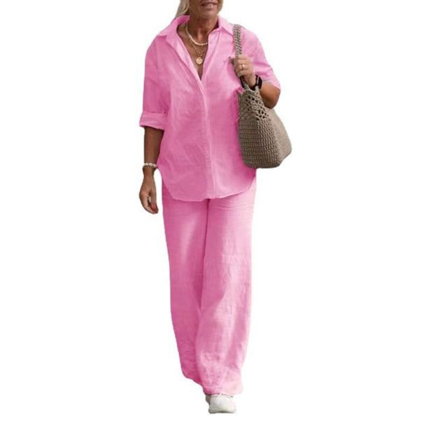 Women's Two Piece Set European American Style Lapel Long Sleeved Shirt And Wide Leg Pants Casual Solid Color Suit For Spring And Autumn_ecoleips.com
