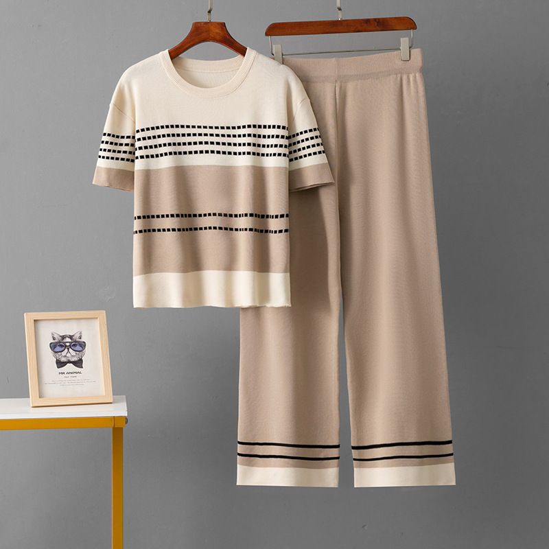 Women's Cross Border round Neck Knit Set Jacquard Loose Sweater Elegant Top Casual Sports Wide Leg Pants for Spring Summer_ecoleips.com