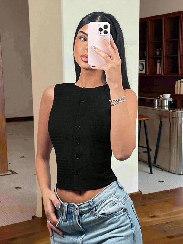 Voya Spring/Summer New Hot Girl Round Neck Sleeveless Knit Vest Short Slim Fit Top For Layering, Independent Station_ecoleips.com