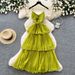 Red Spaghetti Strap Pleated Dress Women's Summer French Resort Style Fitted Waist Ruffled Hem Long Dress_ecoleips.com