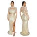 Women's Clothing Fashionable Round Neck Mesh Sequined Long Sleeved Top With High Slit Long Skirt Two Piece Set For Women_ecoleips.com