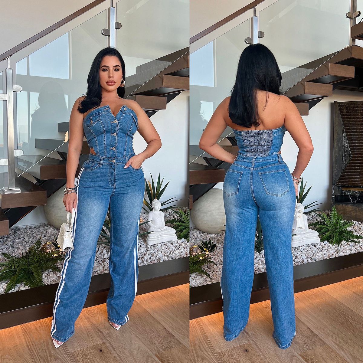 Women's Clothing Tube Top One Shoulder Slim Straight Wide Leg Denim Jumpsuit_ecoleips.com