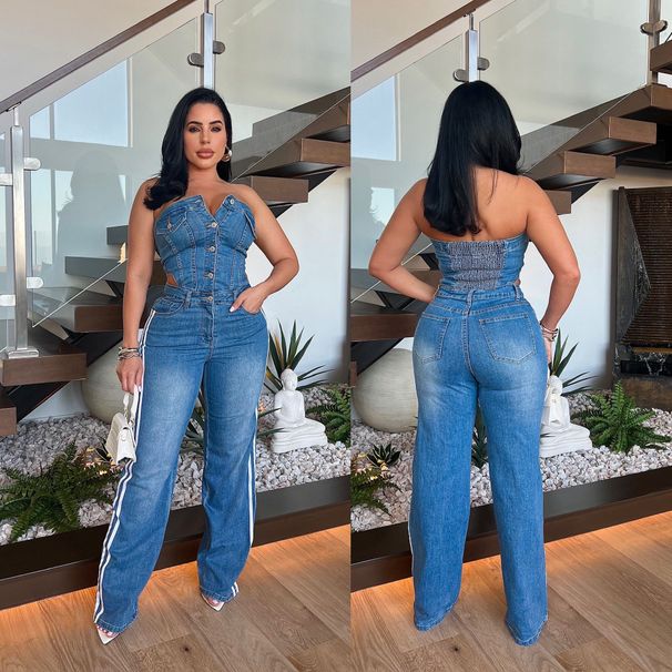 Women's Clothing Tube Top One Shoulder Slim Straight Wide Leg Denim Jumpsuit_ecoleips.com