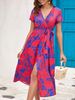 Women's Summer V-Neck Midi Dress – Printed Flowy Dress With Side Slit (Red/Pink/Polka Dot/Blue)_ecoleips.com