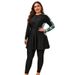 Plus Size Long Sleeve Swimsuit For Women – Two-Piece Zip-Up Surf & Beach Bikini Set In Solid Black_ecoleips.com
