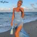 Hugcitar 2021 Sleeveless Halter Strap See-Through Pleat Slit Backless Sexy Dress Summer Women Streetwear Club Party Y2K_ecoleips.com