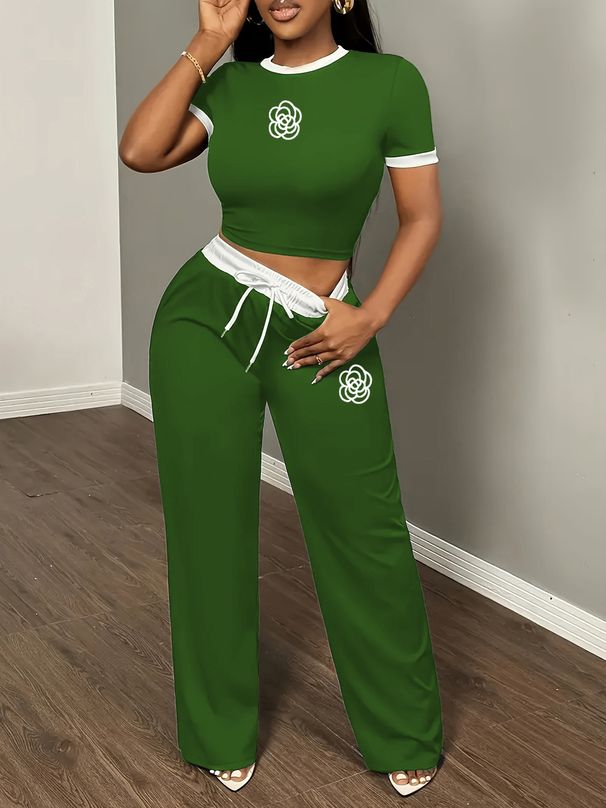 Women's Clothing Casual Fashion 3D Print Short Sleeve Trouser Set Elastic Waistband Drawstring 6 Colors_ecoleips.com