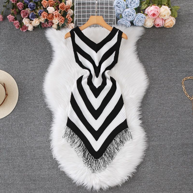 Women's Clothing Striped Tassel Knitted Tight Temperament Dress_ecoleips.com