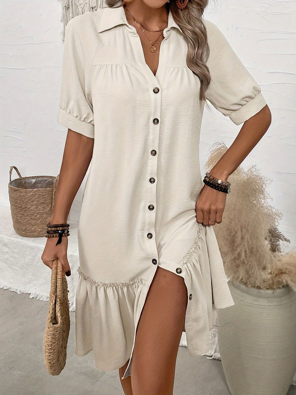 Women's Clothing Single Breasted Puff Sleeve Dress Short Sleeve Dress_ecoleips.com