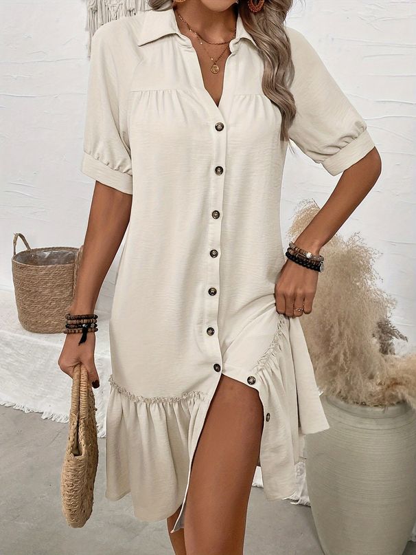 Women's Clothing Single Breasted Puff Sleeve Dress Short Sleeve Dress_ecoleips.com
