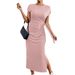 Women's Clothing Elegant Striped Bodycon Midi Dress With Side Slit And Round Neck For Women_ecoleips.com