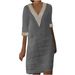 Women's Clothing Cotton And Linen Small V Neck Lace Stitching Retro Solid Color Three Quarter Sleeve Dress_ecoleips.com