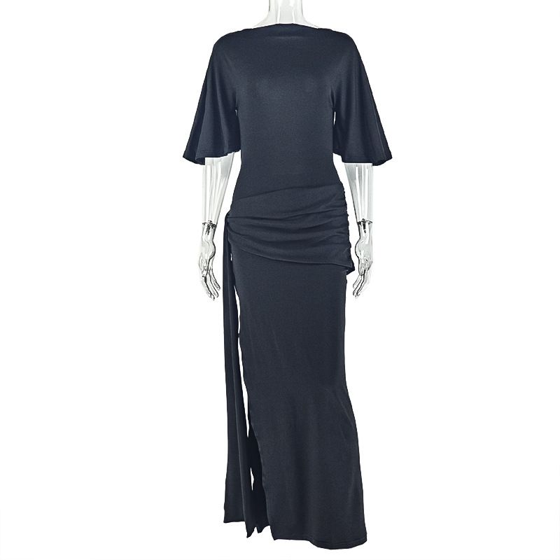 Women's Backless Pleated Loose Bodycon Dress European American Style Sexy off the Shoulder Tie up Slit Long Trendy Export Clothing_ecoleips.com