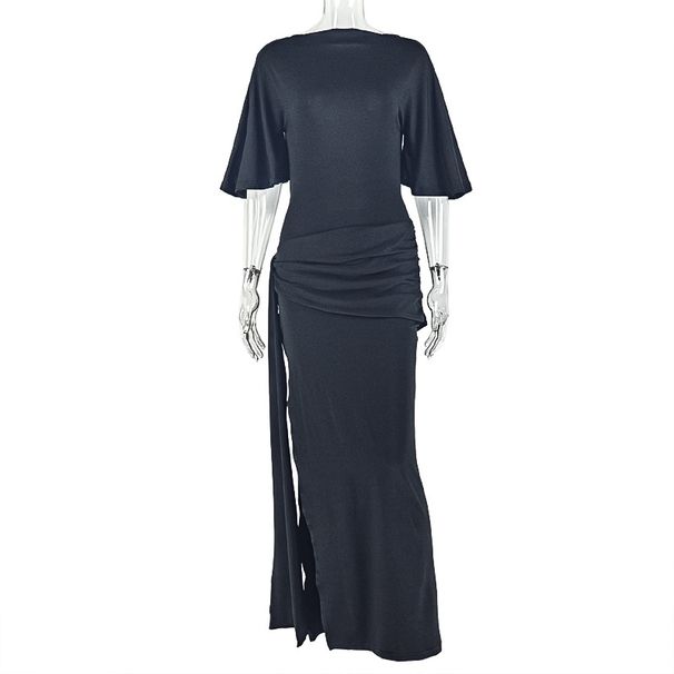 Women's Backless Pleated Loose Bodycon Dress European American Style Sexy off the Shoulder Tie up Slit Long Trendy Export Clothing_ecoleips.com